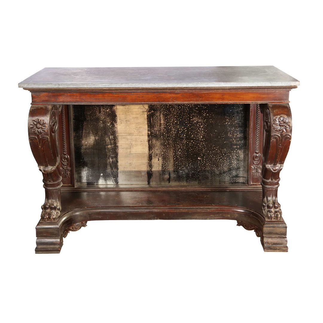 Pair of Palatial Early 19th Century Franco Indian Console Tables with ornate wooden design and aged mirror panel back