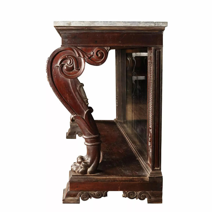 Pair of Palatial Early 19th Century Franco Indian Console Tables with ornate carved wooden legs and marble top