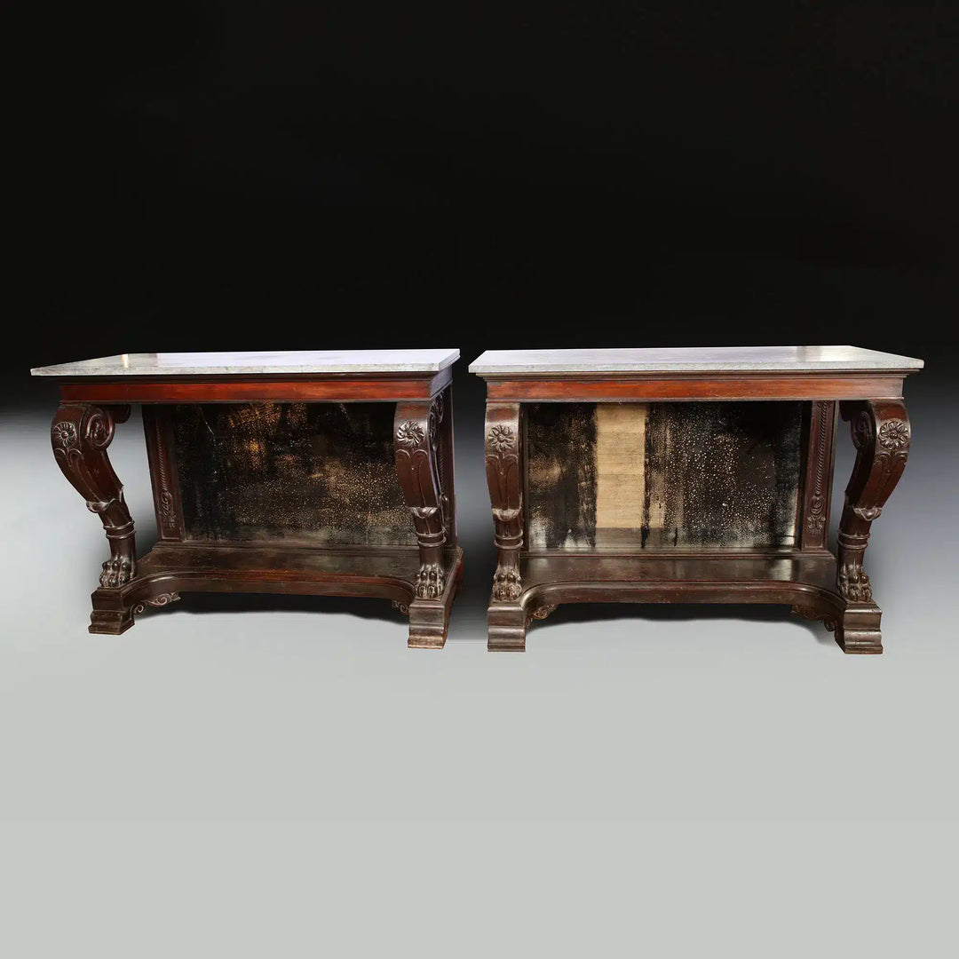 Pair of Palatial Early 19th Century Franco Indian Console Tables made of dark wood with carved detailing circa 1830