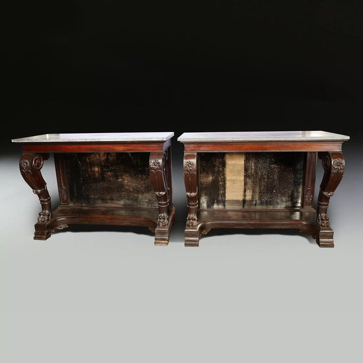 Pair of Palatial Early 19th Century Franco Indian Console Tables made of dark wood with carved detailing circa 1830