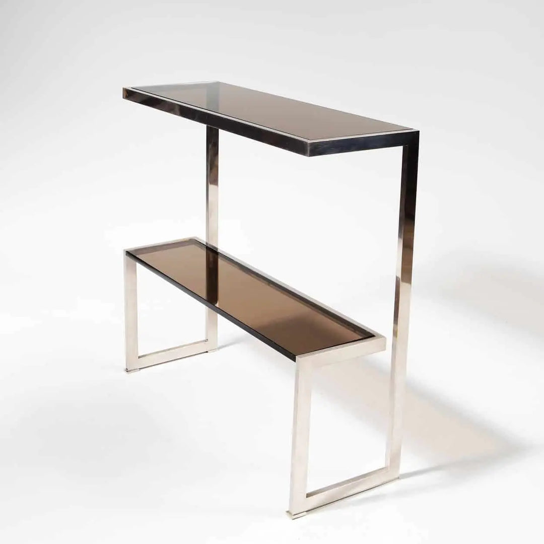 Italian 1970’s Chrome & Smoked Glass Console Table with two tiers and original smoked glass, measuring 81.5 x 81.5 x 28 cm.