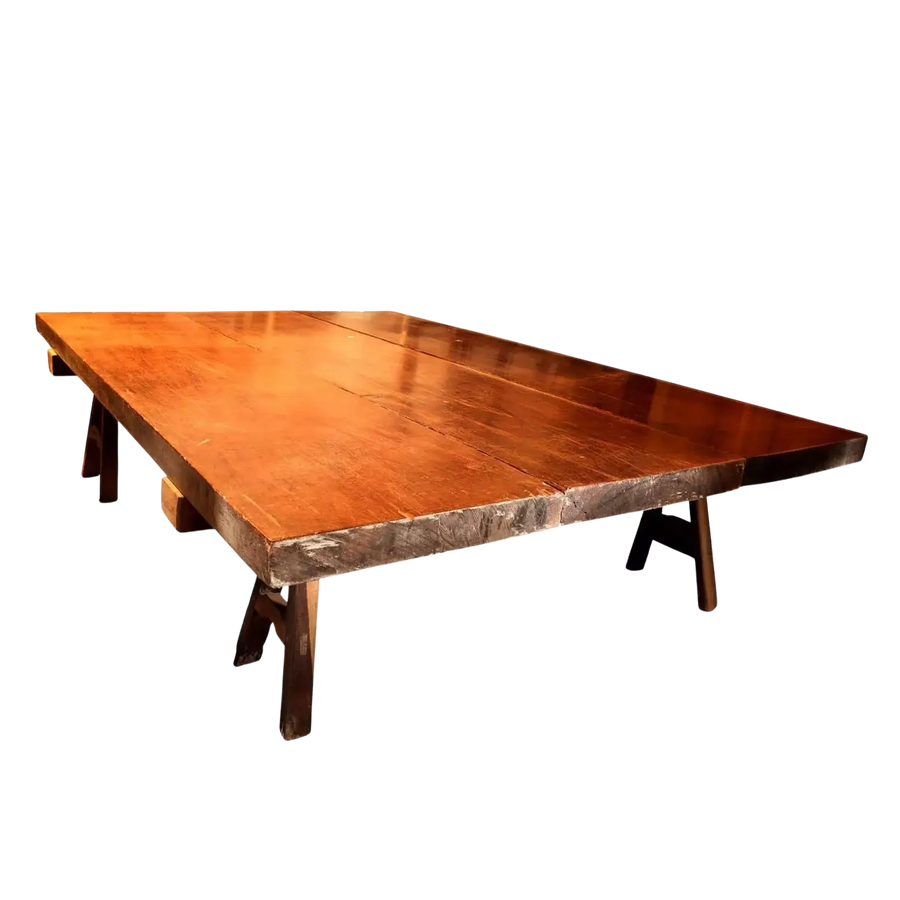 Padouk Low Table with three thick wooden planks on A frame stretchers, 19th century Indian antique design.