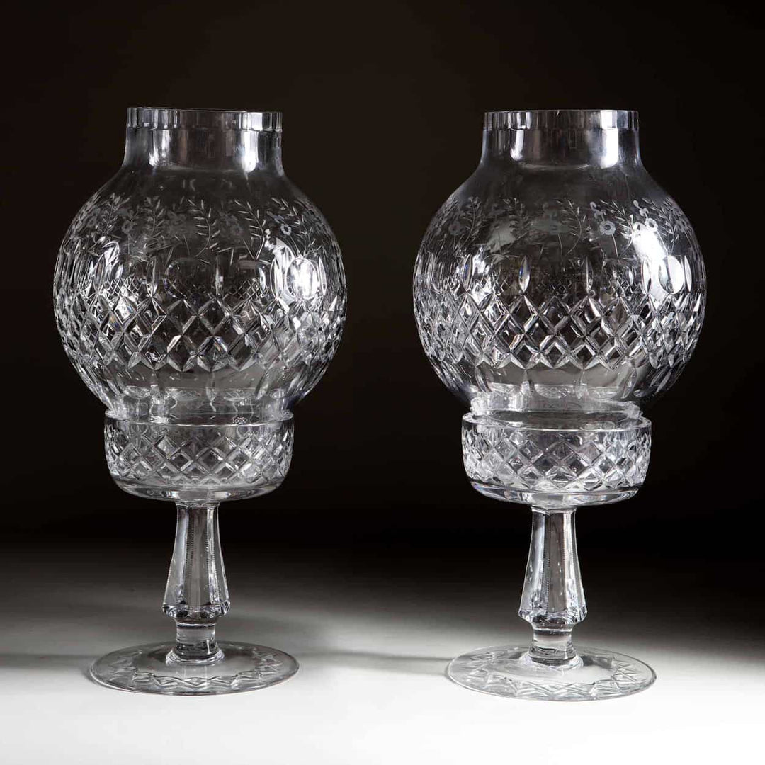 Pair of Lead Crystal Large Antique Cut Glass Hurricane Shades