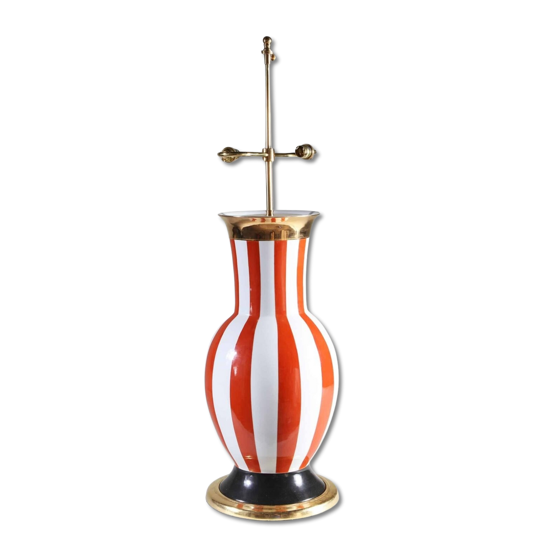 Vintage Table Lamp, Italian Carnival Style, Frédéric De Luca with bold red and white striped porcelain vase and gilt accents.
