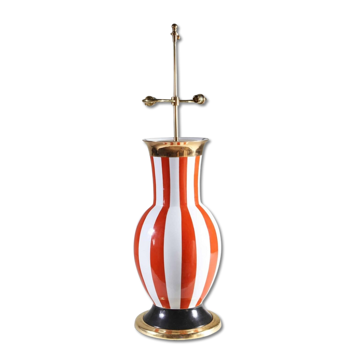 Vintage Table Lamp, Italian Carnival Style, Frédéric De Luca with bold red and white striped porcelain vase and gilt accents.