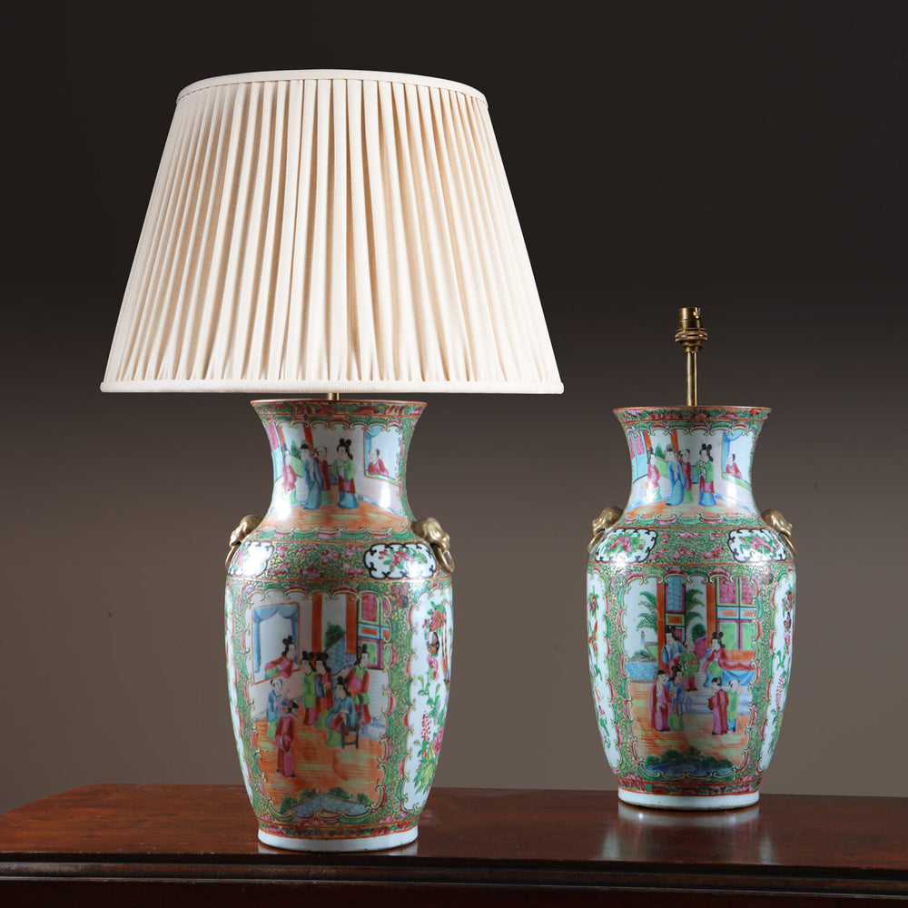 Pair of Canton Porcelain Vases Mounted as Table Lamps, 19th century Chinese vases with detailed colorful designs.