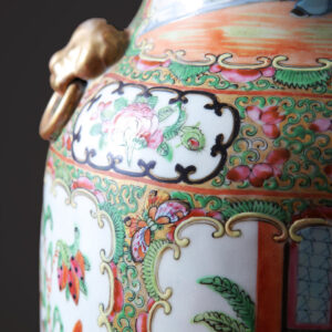 Pair of Canton Porcelain Vases Mounted as Table Lamps with intricate 19th century Chinese floral and geometric designs.