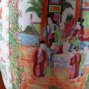 Pair of Canton Porcelain Vases Mounted as Table Lamps featuring detailed 19th century Chinese figures and floral patterns circa 1875.