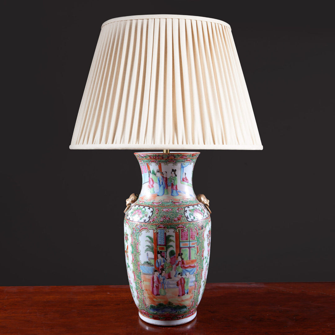 Pair of Canton Porcelain Vases Mounted as Table Lamps with intricate 19th century Chinese painted designs and cream lampshade.
