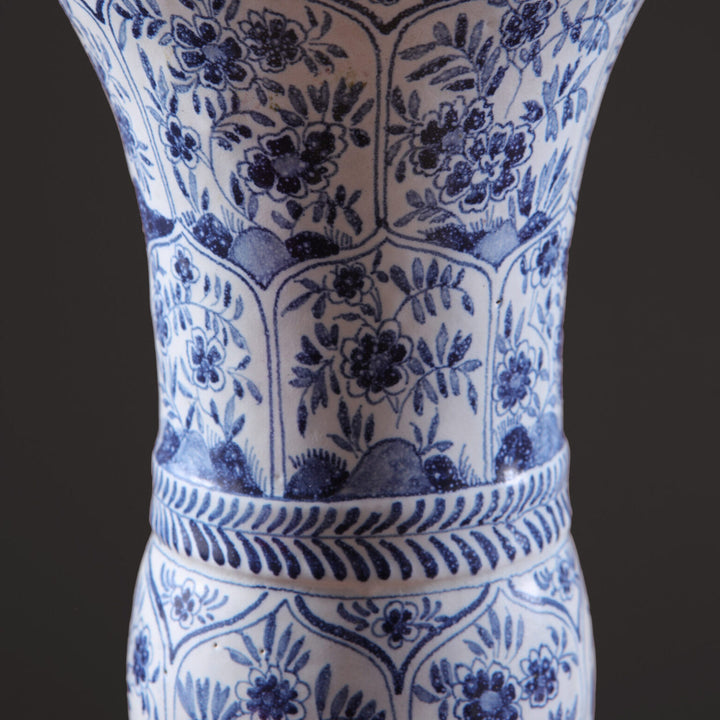 Delft Blue and White Kangxi Table Lamps close-up showing intricate blue floral design on white vase body.