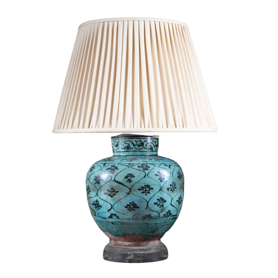 Qajar Pottery Turquoise Vase Mounted as a Table Lamp with geometric lozenges and floral details on bronze base.