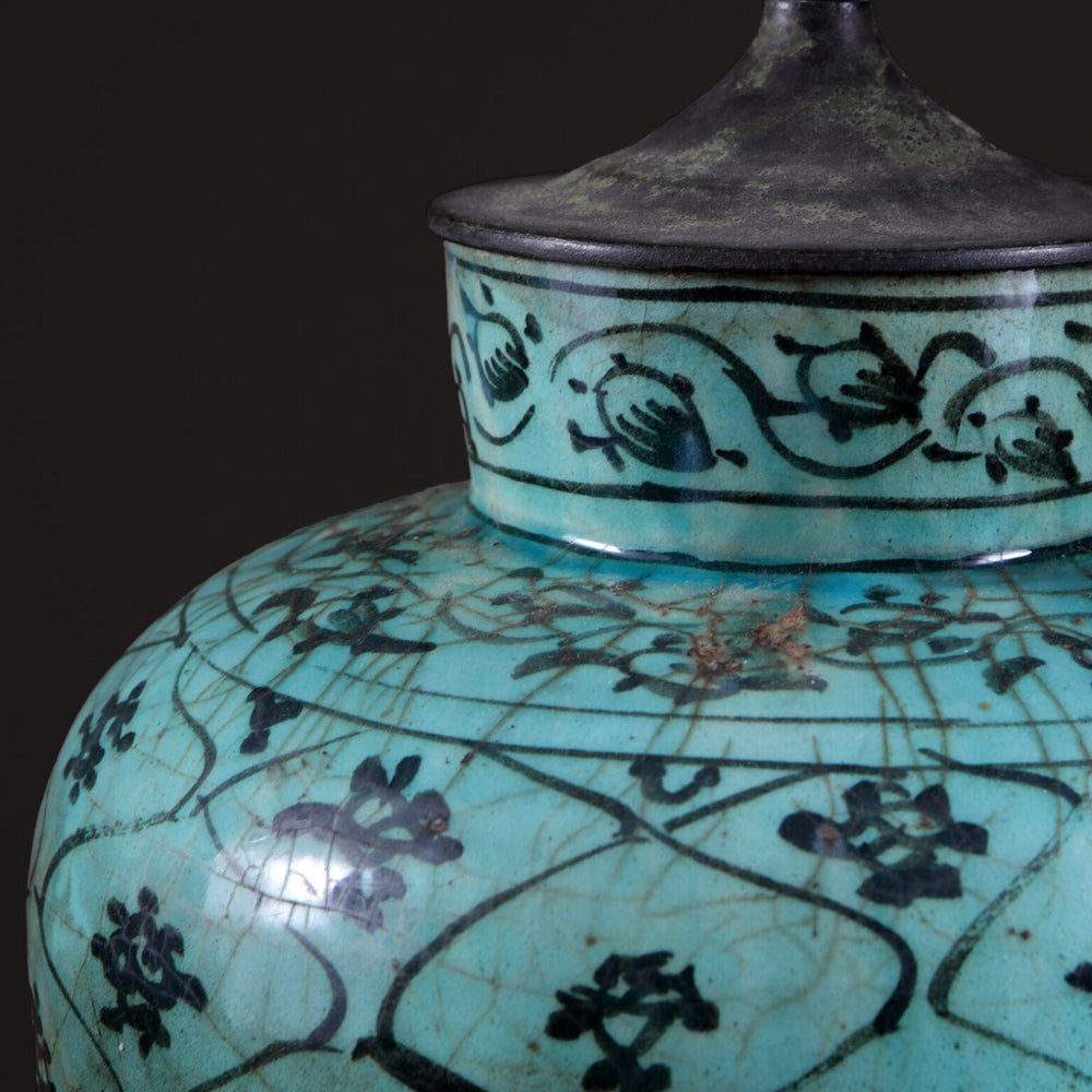 Qajar Pottery Turquoise Vase Mounted as a Table Lamp with geometric lozenges and floral details on bronze base