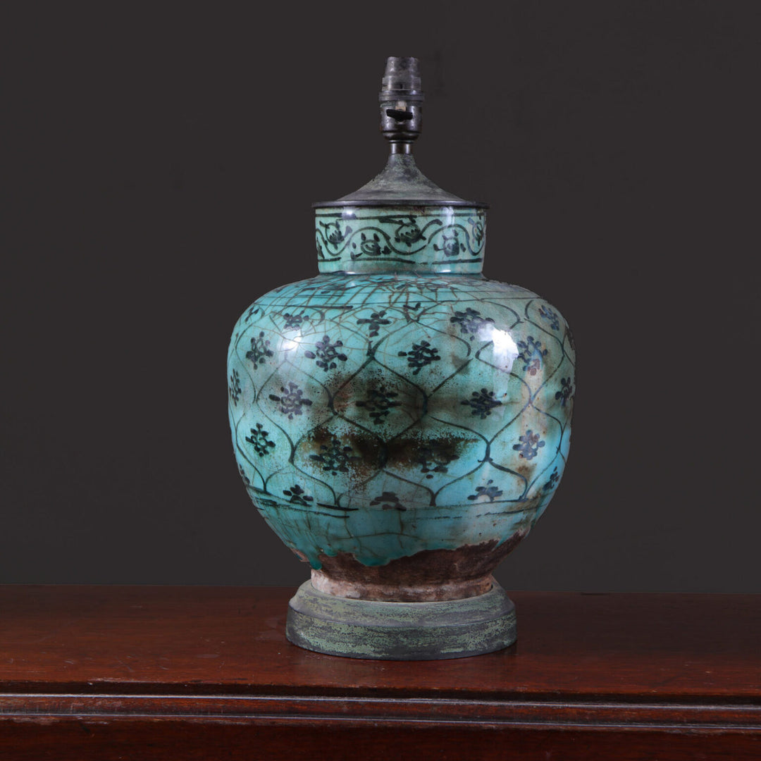 Qajar Pottery Turquoise Vase Mounted as a Table Lamp with geometric floral motifs and bronze base circa 1850.