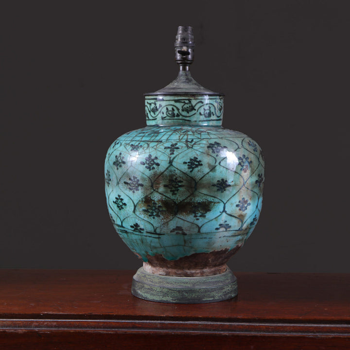 Qajar Pottery Turquoise Vase Mounted as a Table Lamp with geometric floral motifs and bronze base circa 1850.