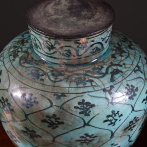 Qajar Pottery Turquoise Vase Mounted as a Table Lamp with geometric lozenges and floral details on bronze base.