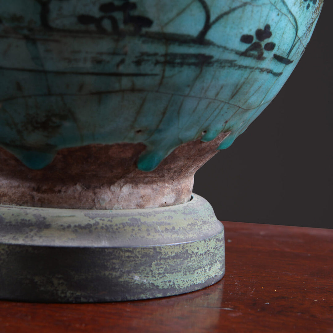 Qajar Pottery Turquoise Vase Mounted as a Table Lamp with lustrous glaze and bronze base, circa 1850 Persia.