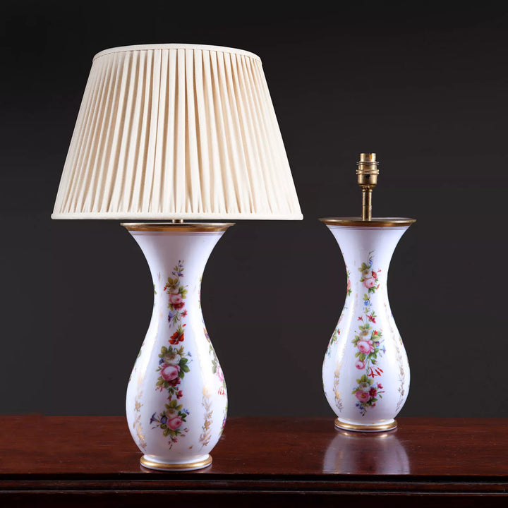 Pair of French Opaline Vases Mounted as Table Lamps with hand painted flowers and gilt accents on white opaline.