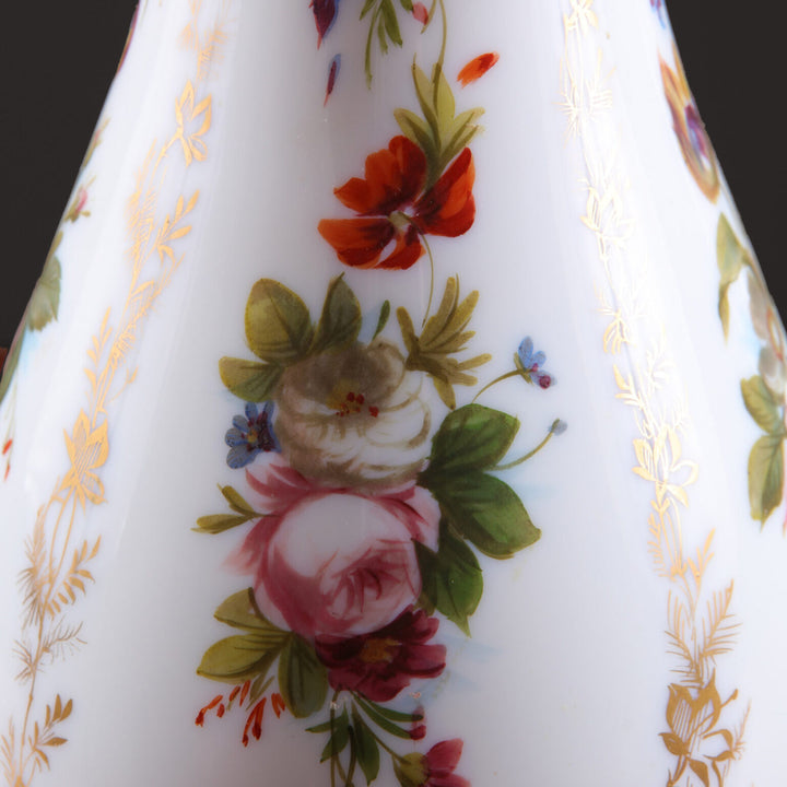 Pair of French Opaline Vases Mounted as Table Lamps with hand painted floral designs and gilt foliate bands.