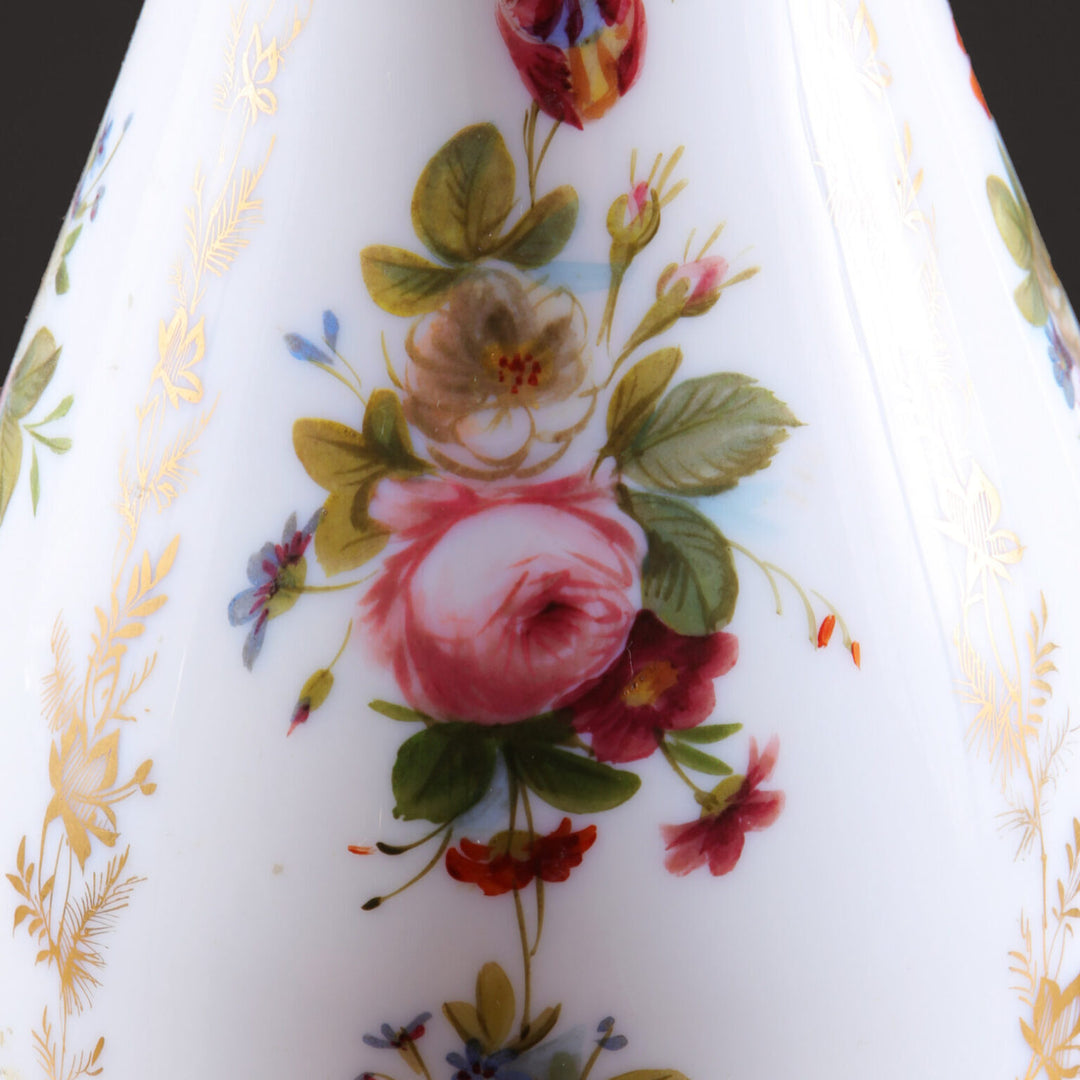 Pair of French Opaline Vases Mounted as Table Lamps with hand painted flowers and gilt foliate decoration.