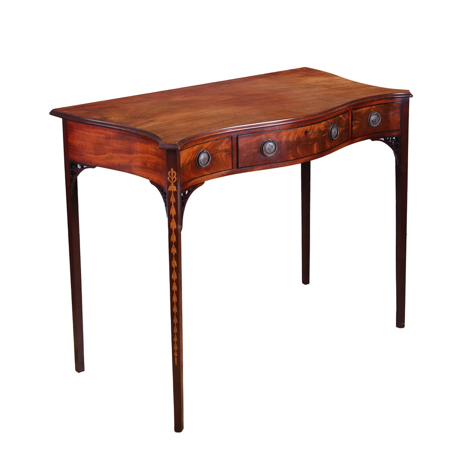 George III Hepplewhite Serpentine Side Table in solid mahogany with three drawers and intricate inlay, circa 1780.