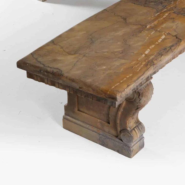 Pair of Curved Solid Siena Marble Benches with detailed base and smooth polished brown marble surface from Italy circa 1900
