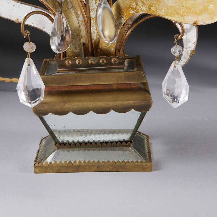 Pair of Maison Bagues Four Light Flame Candelabra with gilt flames, eglomise glass panels, and rock crystal drops.