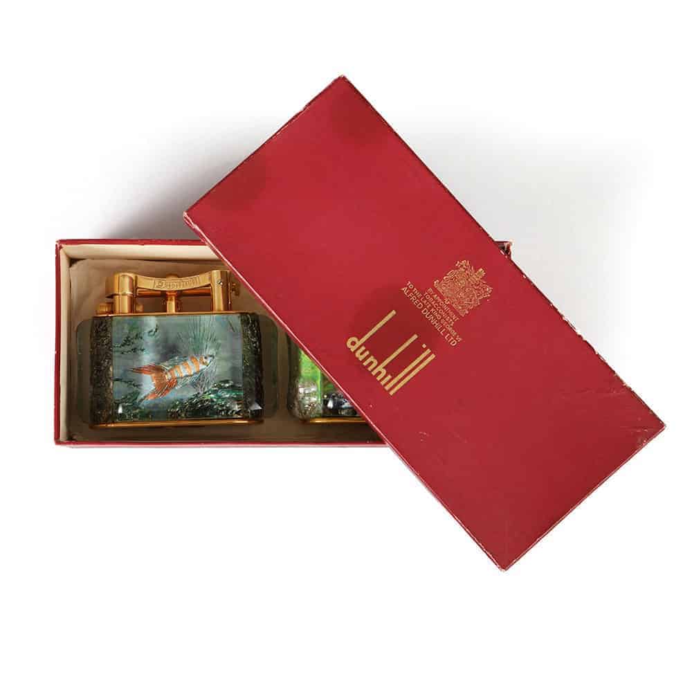 Two Immaculate Gold Plated Half Giant Dunhill Aquarium Table Lighters