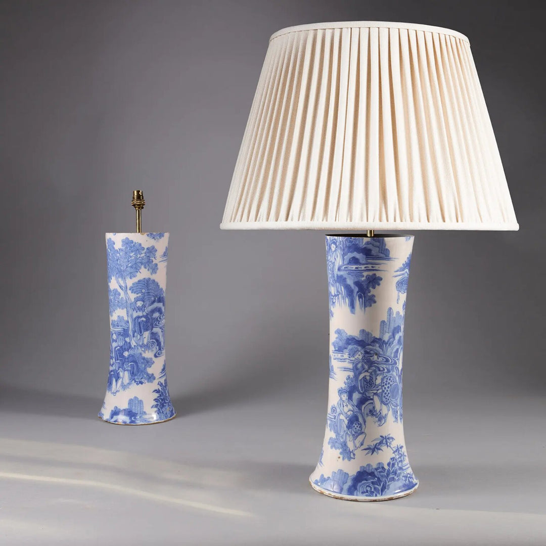Pair of Blue and White Delft Trumpet Vases as Table Lamps with chinoiserie and oriental scenes, height 41cm.