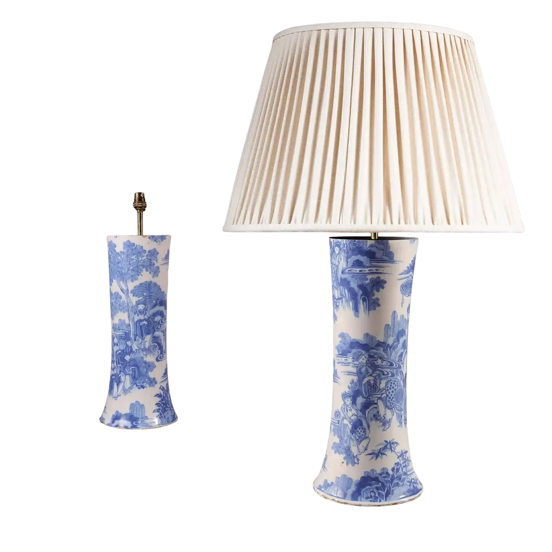Pair of Blue and White Delft Trumpet Vases as Table Lamps with chinoiserie designs circa 1680, 41cm tall.