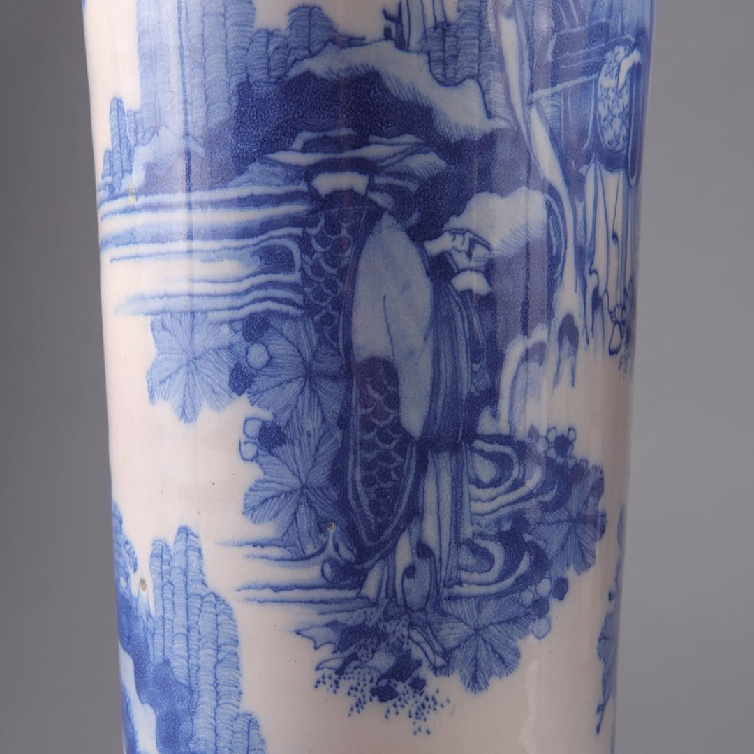 Pair of Blue and White Delft Trumpet Vases as Table Lamps with 17th century chinoiserie designs and oriental scenes.