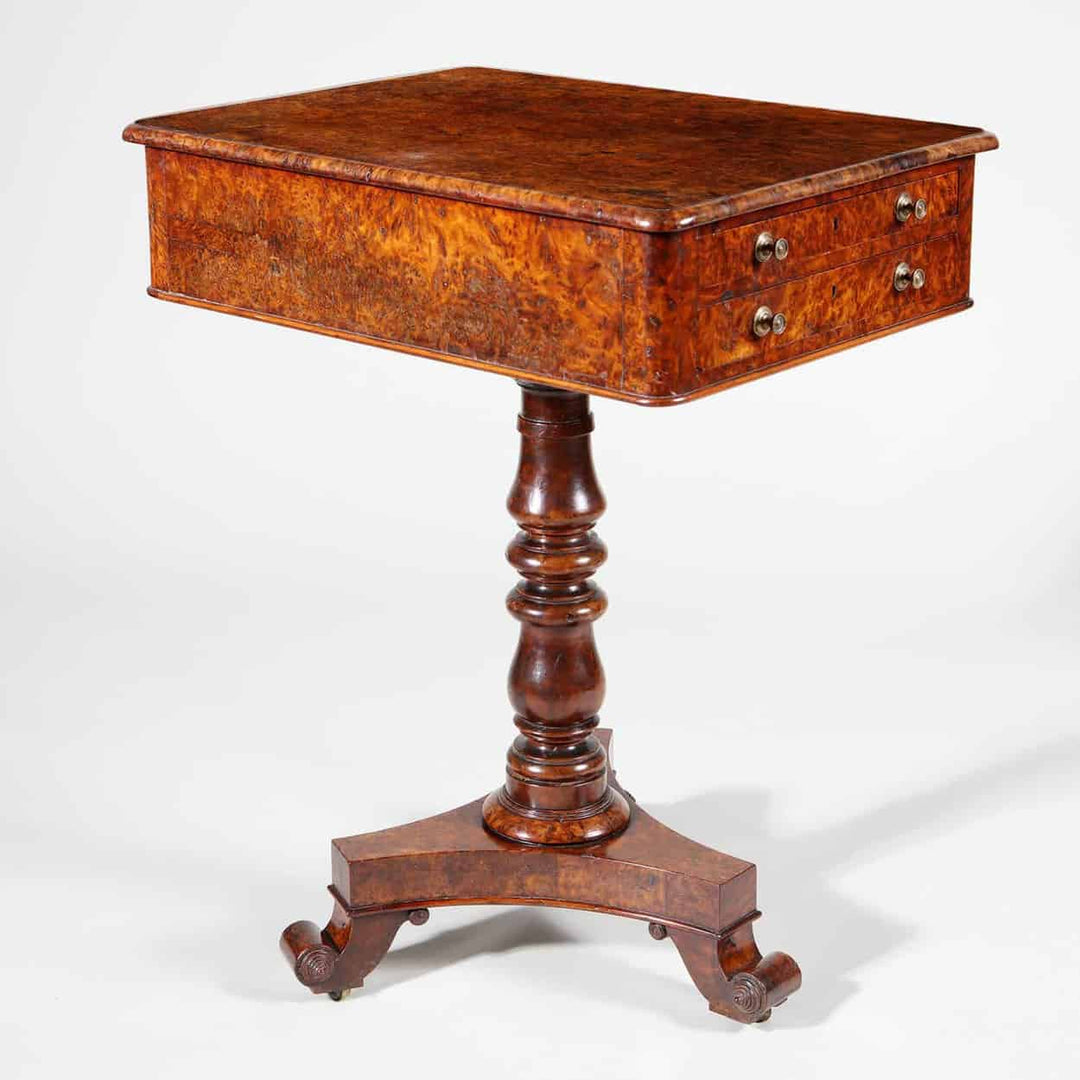 Regency Solid Burr Yew Wood Occasional Table with turned pedestal and intricate burled wood grain finish.