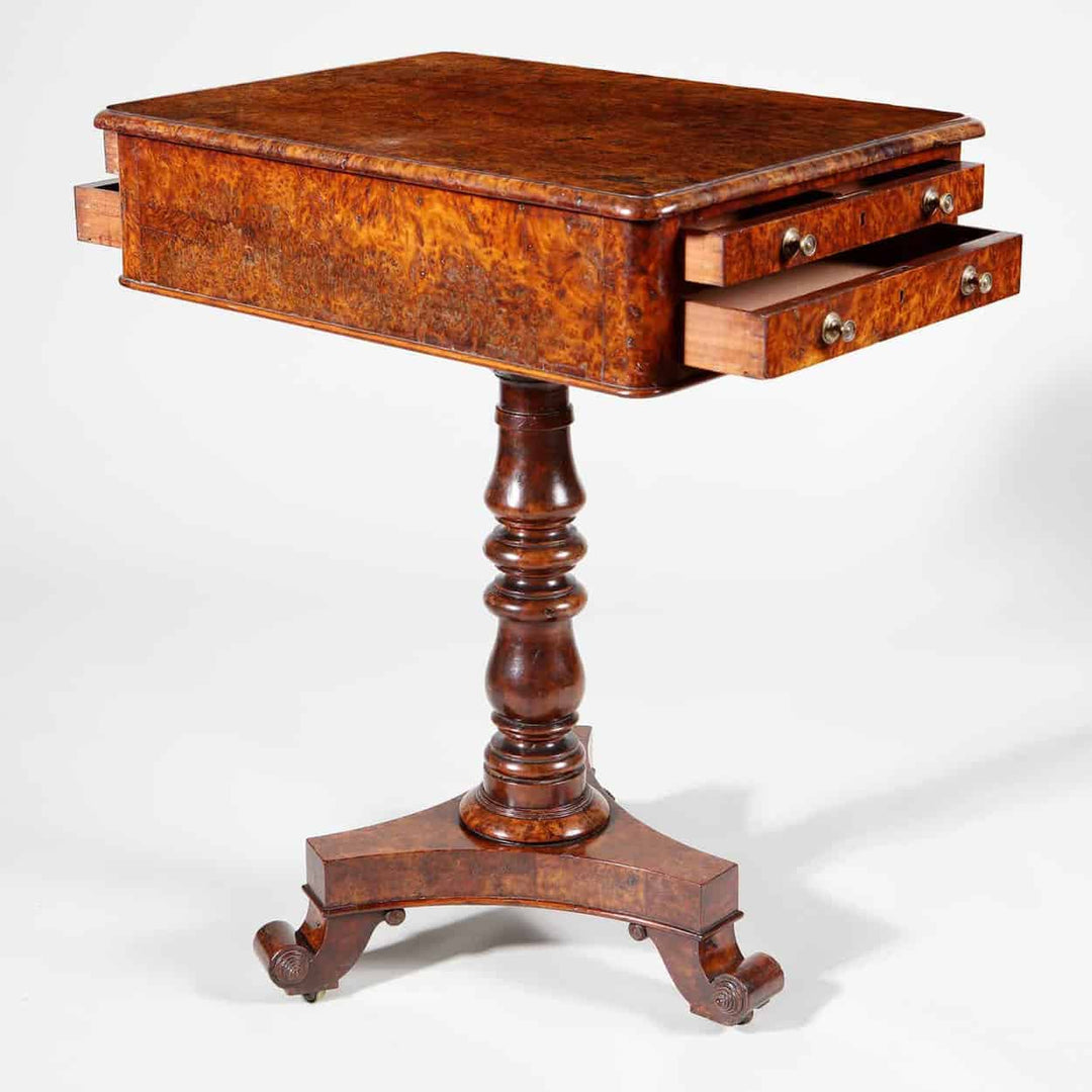 Regency Solid Burr Yew Wood Occasional Table with two drawers and turned pedestal base in polished wood finish