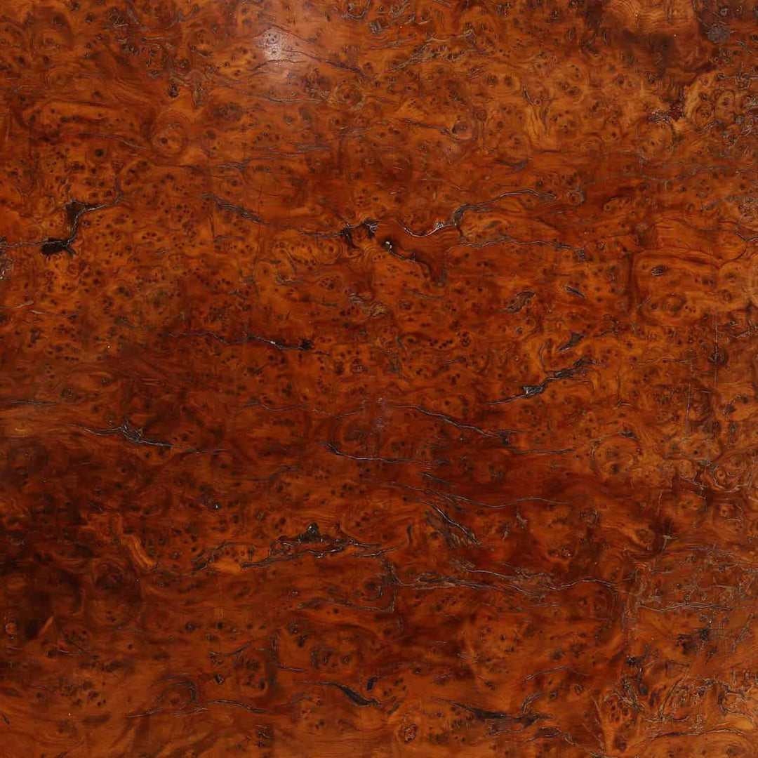 Regency Solid Burr Yew Wood Occasional Table detailed close-up of rich wood grain texture and natural patterns.