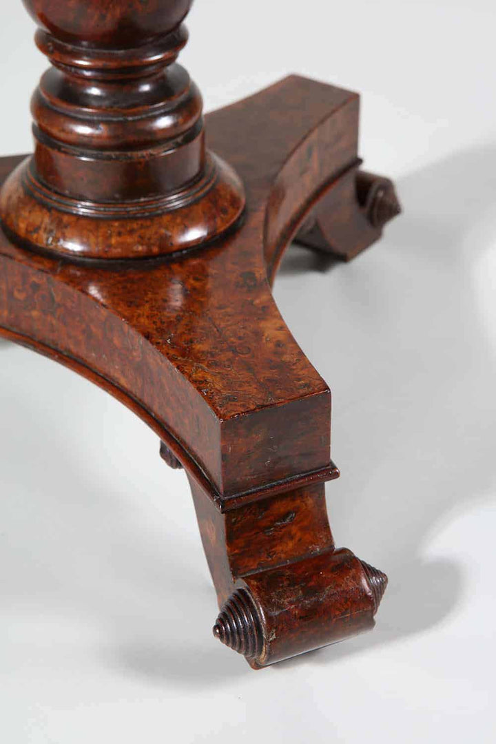 Regency Solid Burr Yew Wood Occasional Table close-up of ornate turned wooden leg and detailed wood grain finish