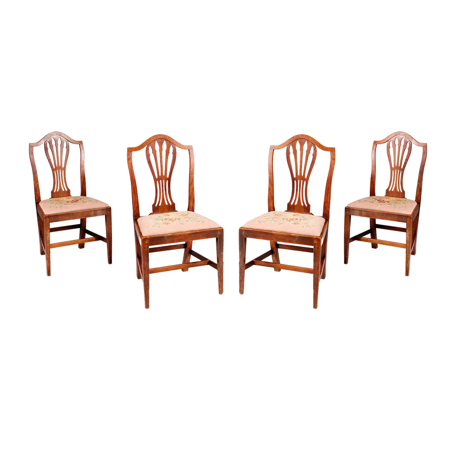 Set of four George III elm side chairs with needlework seats by Nicholas Wells Antiques circa 1780 England