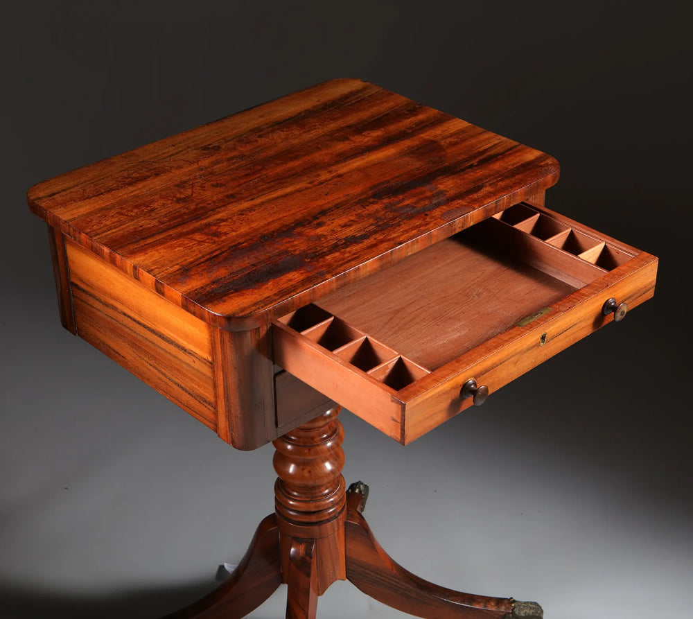 Regency Goncalo Alves Occasional Table with open drawer showing compartments, English antique circa 1810-1815.