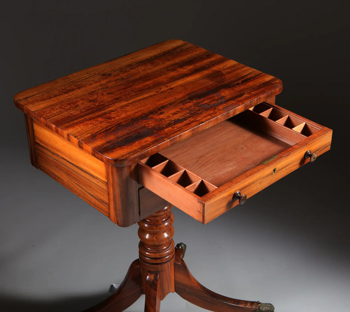 Regency Goncalo Alves Occasional Table with open drawer showing compartments, English antique circa 1810-1815.