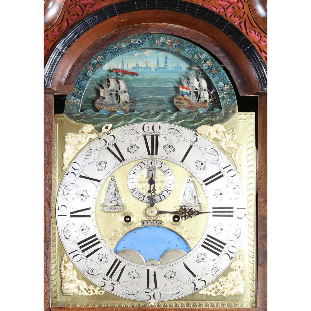 Close-up of an 18th-century Pietre & Jan Morjin Dutch longcase clock dial, sold by Nicholas Wells Antiques