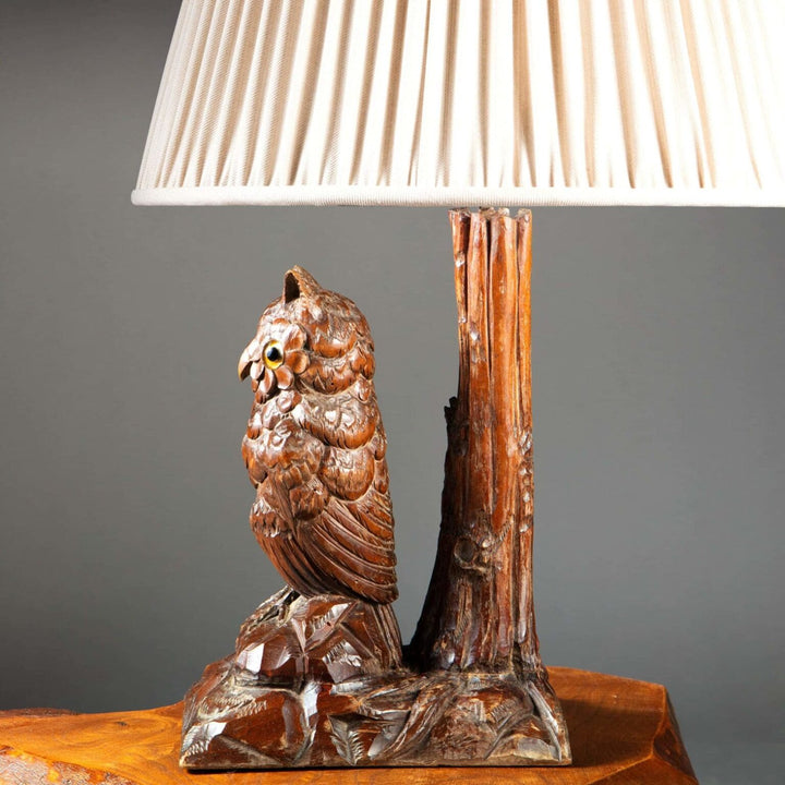 Carved Owl As A Table Lamp featuring 19th century French owl carving mounted as a vintage table lamp with shade.