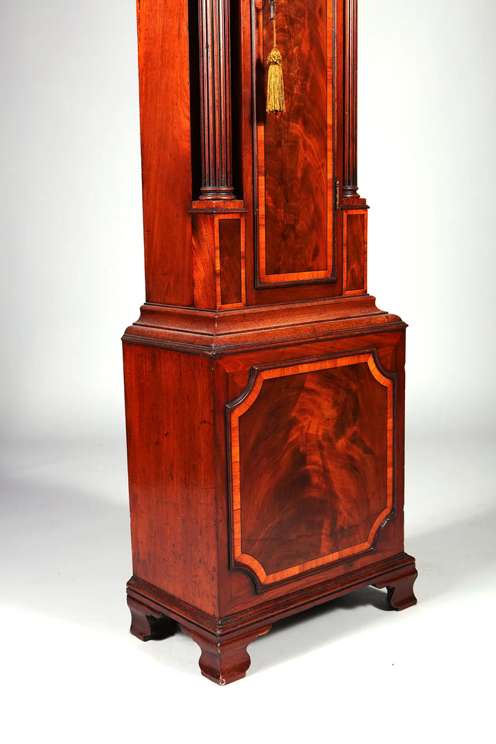 Close-up of George III mahogany longcase clock base by Thomas Wright available from Nicholas Wells Antiques