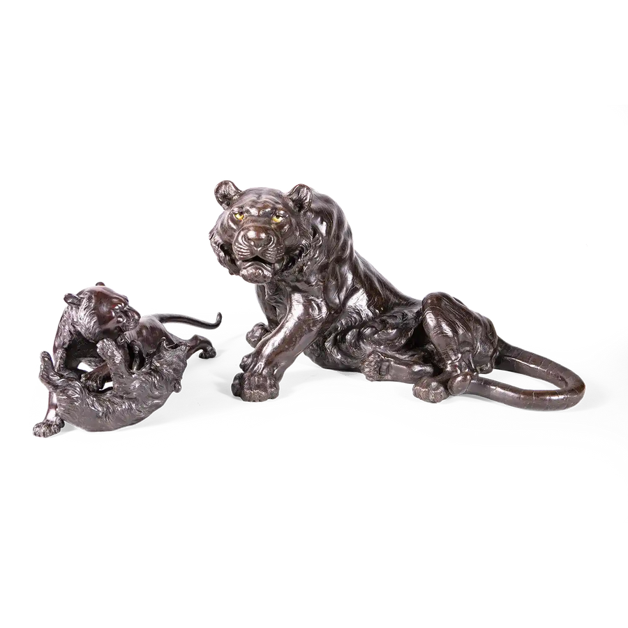 Large Japanese bronze Meiji tiger sculpture with a smaller tiger and bear bronze by Nicholas Wells Antiques.