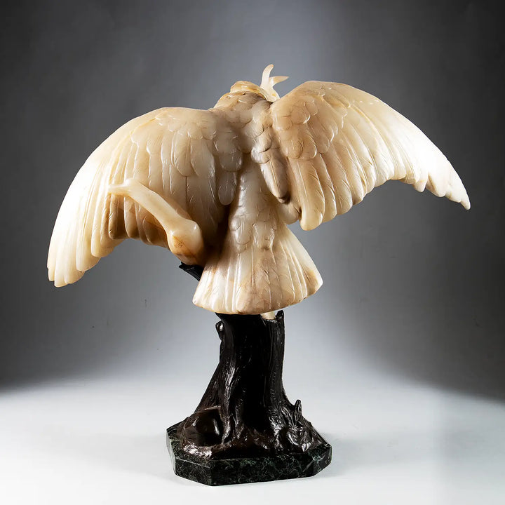 Finely Carved Alabaster Cockatoo Sculpture with detailed feathers on stylised bronze tree trunk stand circa 1900.