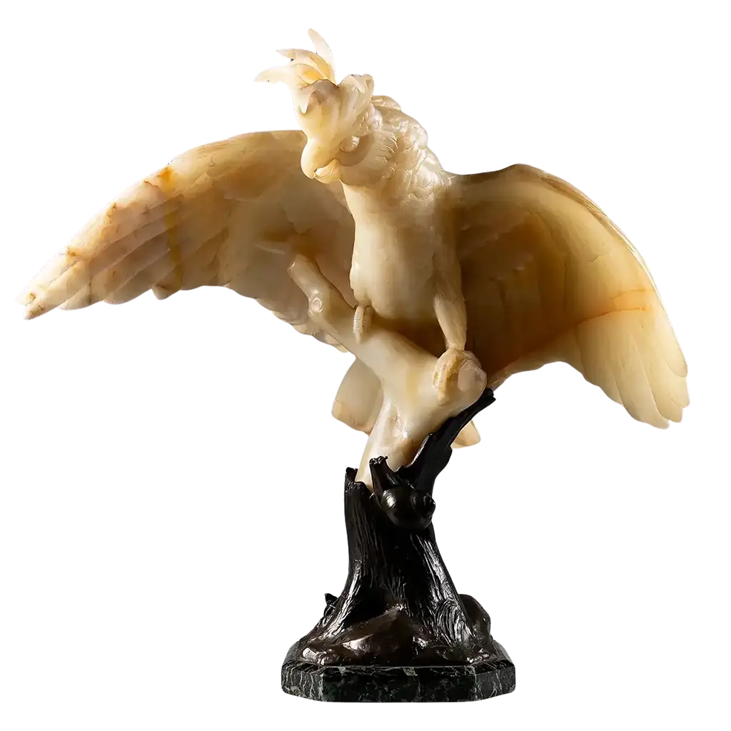 Finely Carved Alabaster Cockatoo Sculpture perched on a bronze tree trunk with detailed feathers and elegant pose
