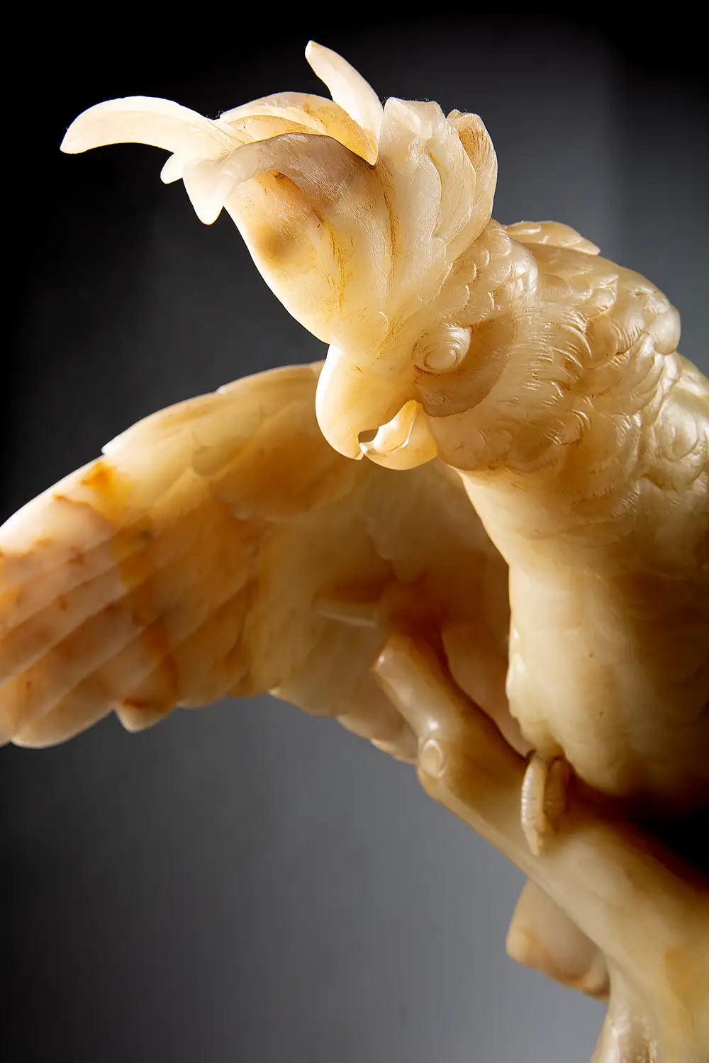 Finely Carved Alabaster Cockatoo Sculpture showing detailed feathers perched on bronze tree trunk stand.