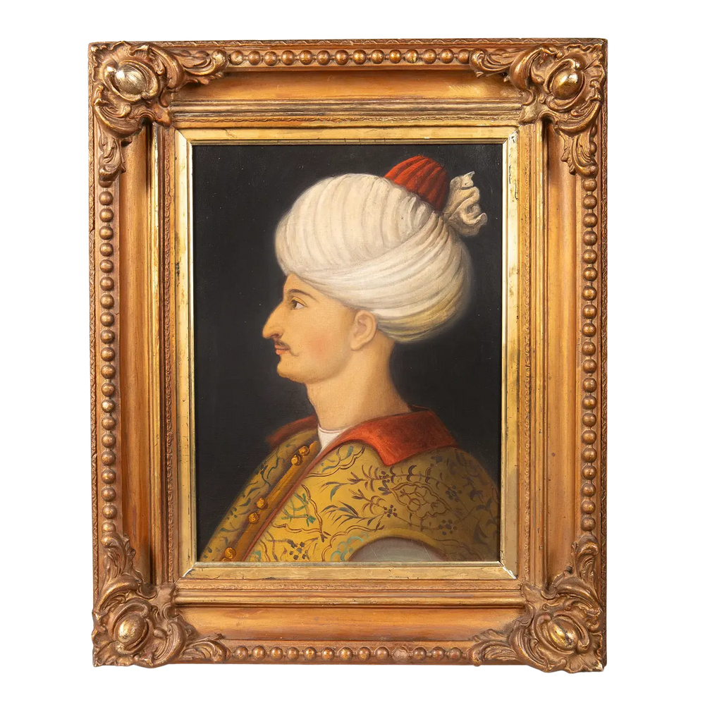 19th-century Gentile Bellini reproduction of Sultan Suleiman I by Nicholas Wells Antiques, framed oil on canvas artwork