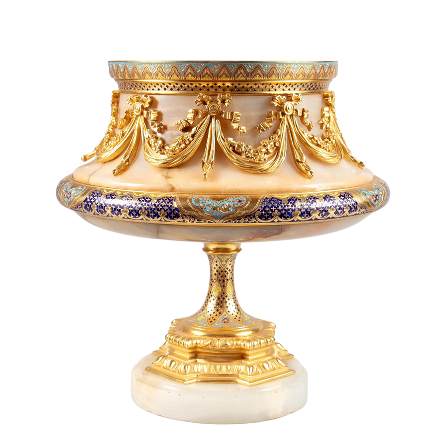 Large French champlevรฉ enamel and gilt bronze centerpiece bowl on white onyx by Nicholas Wells Antiques circa 1900