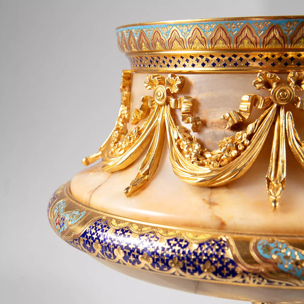 Close-up of a French champlevรฉ enamel and gilt bronze centerpiece bowl by Nicholas Wells Antiques circa 1900
