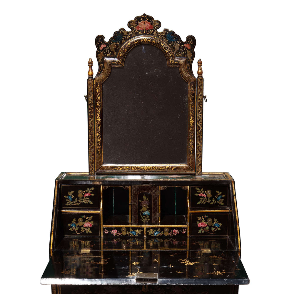 Chinese Export Lacquer Bureau-On-Stand and Toilet Glass with polychrome flower design, Canton China, circa 1730.