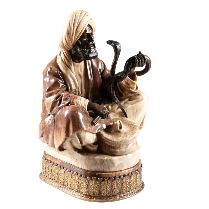 Rudolf Franke-Nautschütz two-tone onyx snake charmer sculpture on gilt bronze base by Nicholas Wells Antiques