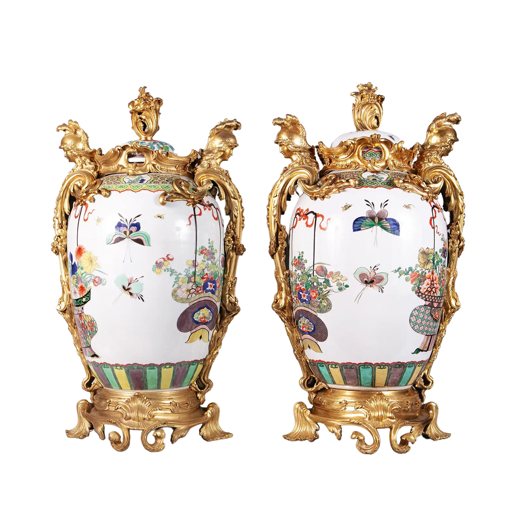 Pair of Samson porcelain vases with gilt bronze mounts and polychrome enamel, offered by Nicholas Wells Antiques